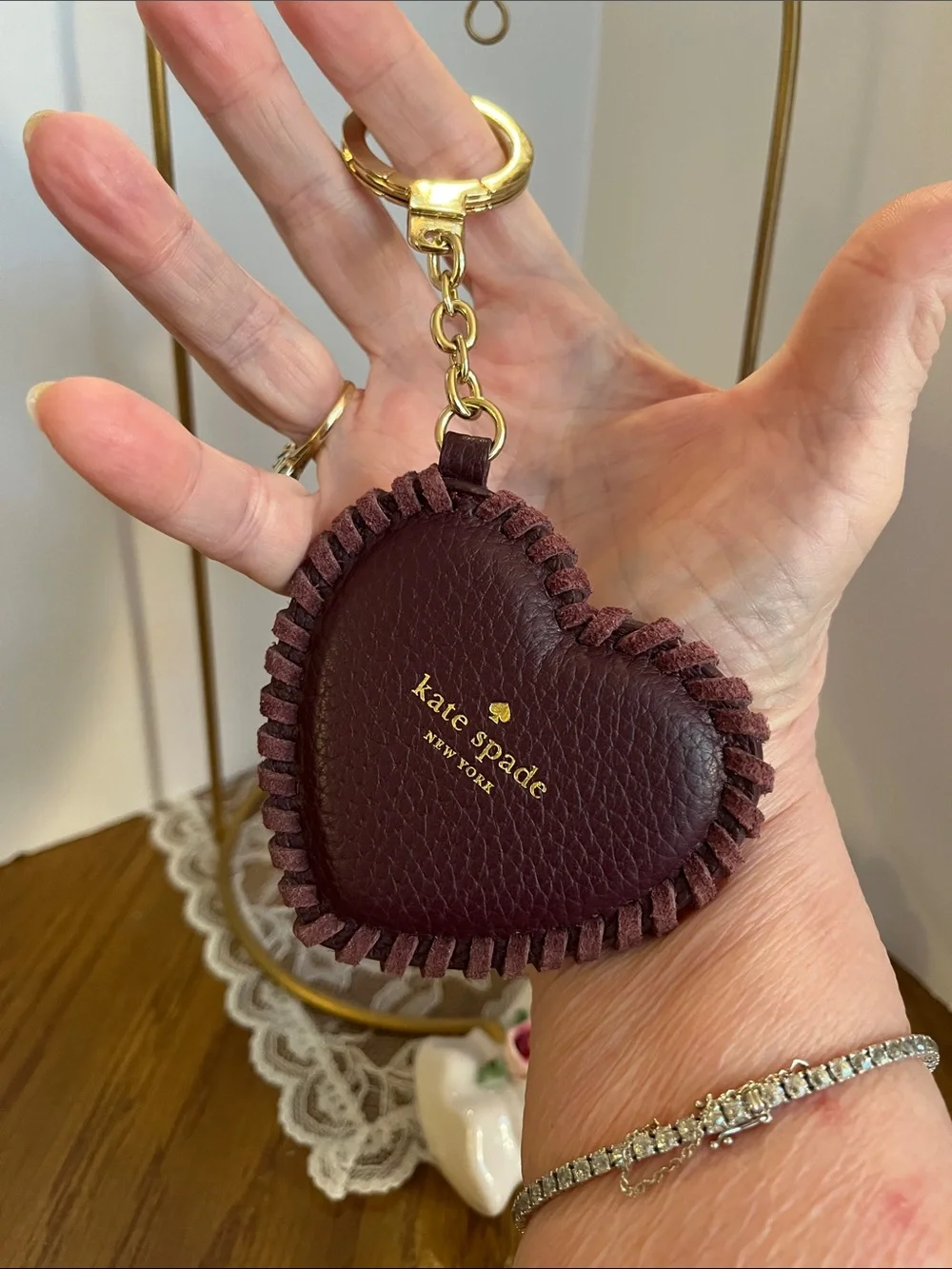 kate spade Burgundy Heart Leather Key Ring with Gold Hardware